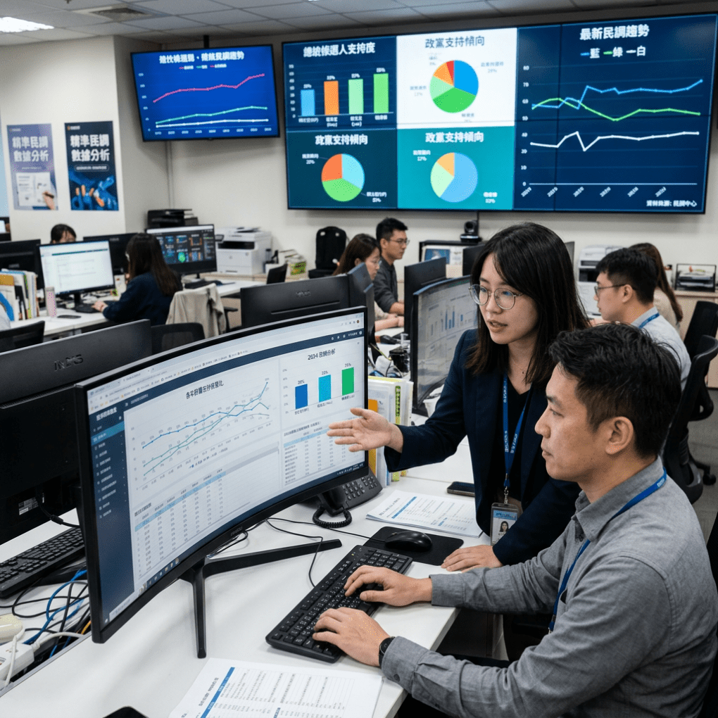 People filling out election forms and staff analyzing polling data on monitors in a control room