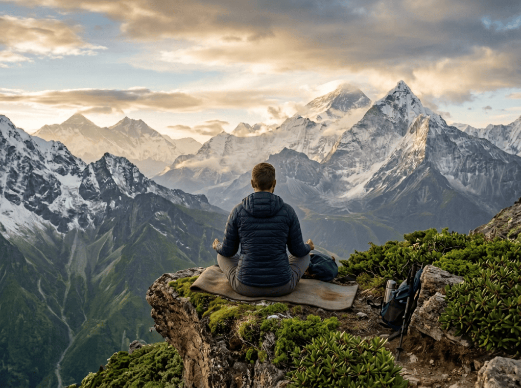 Hiker meditating on a rocky summit before snow-covered mountains