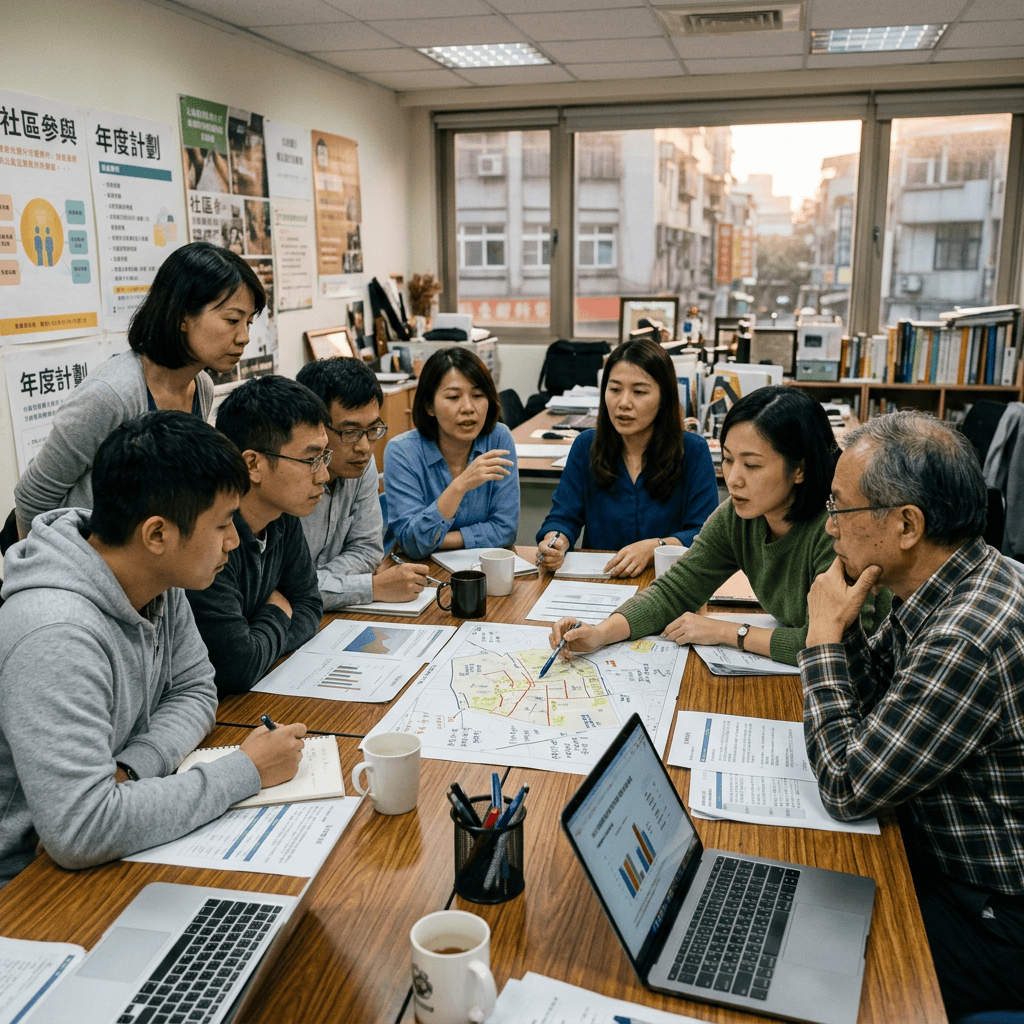 Seven adults discussing community plans around a table in an office